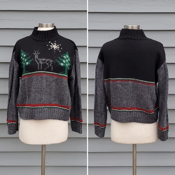 Vintage 90s y2k Christmas Winter Season Reindeer Forest Wool Turtleneck Sweater - Picture 1 of 5